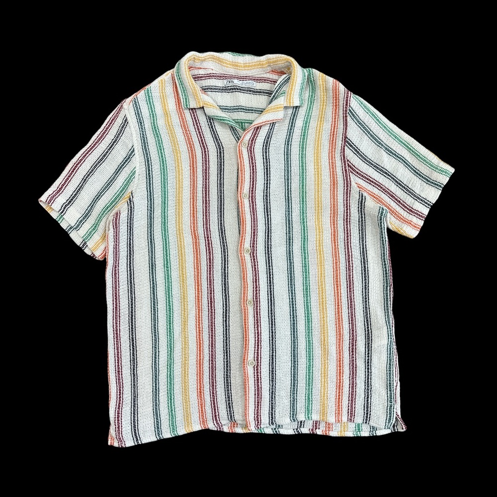 Zara rainbow striped knit button up polo shirt - L